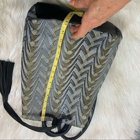 Gitta Black Silver  Chevron Printed Drawstring Close Bucket Backpack - Picture 9 of 10